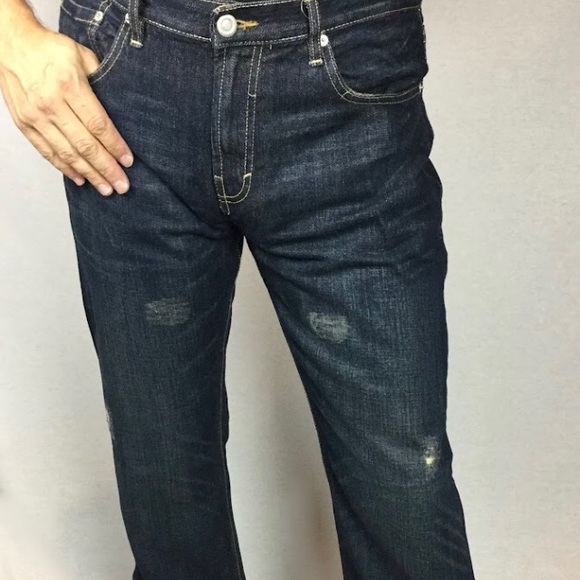 Indigo dark blue Men’s Jeans warn washed hand sand ripped mid rise bootleg Denim - Picture 2 of 11